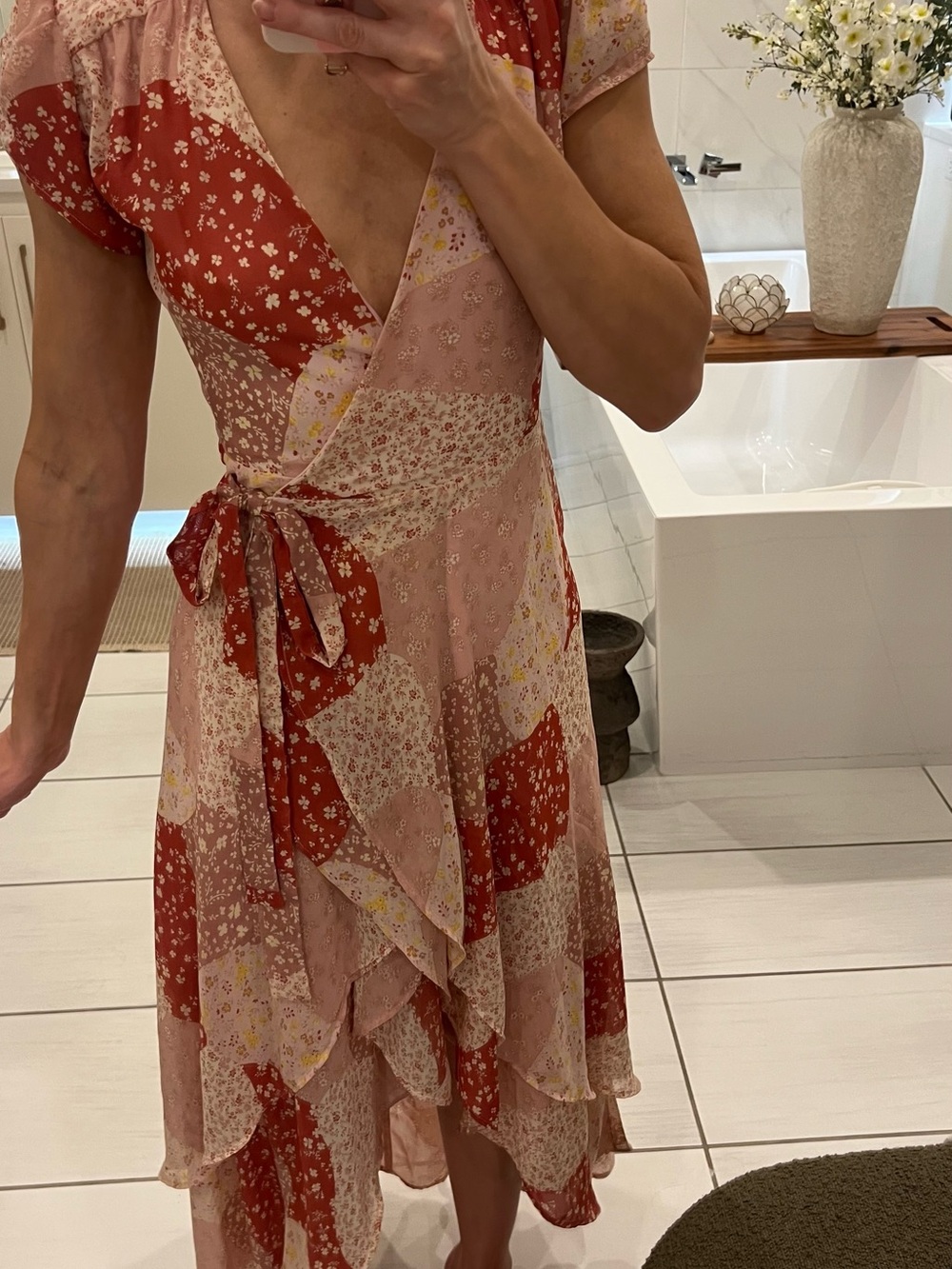 Anthropologie wrap dress Women’s Floral Patchwork Wrap Dress in Pink and Rust